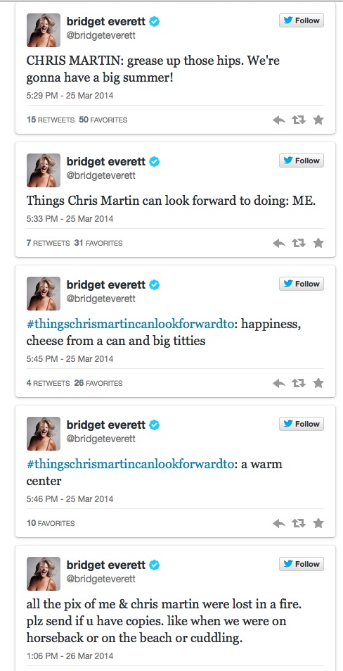 bridgett everett's hilarious chris martin tweets
