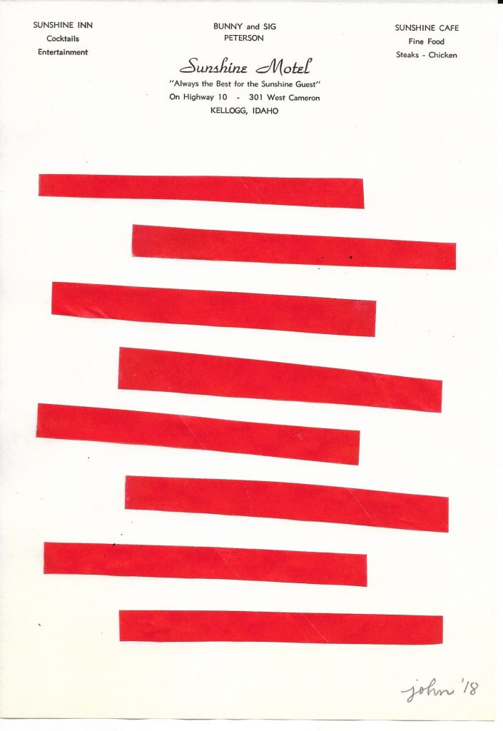 John Zabawa 8 Red Stripes, 2018 Ink on Hotel Letterhead 9x12