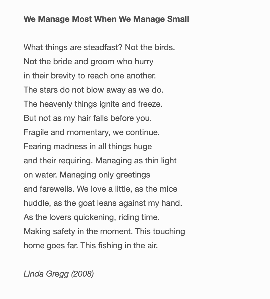 linda gregg "We Manage Most When We Manage Small"